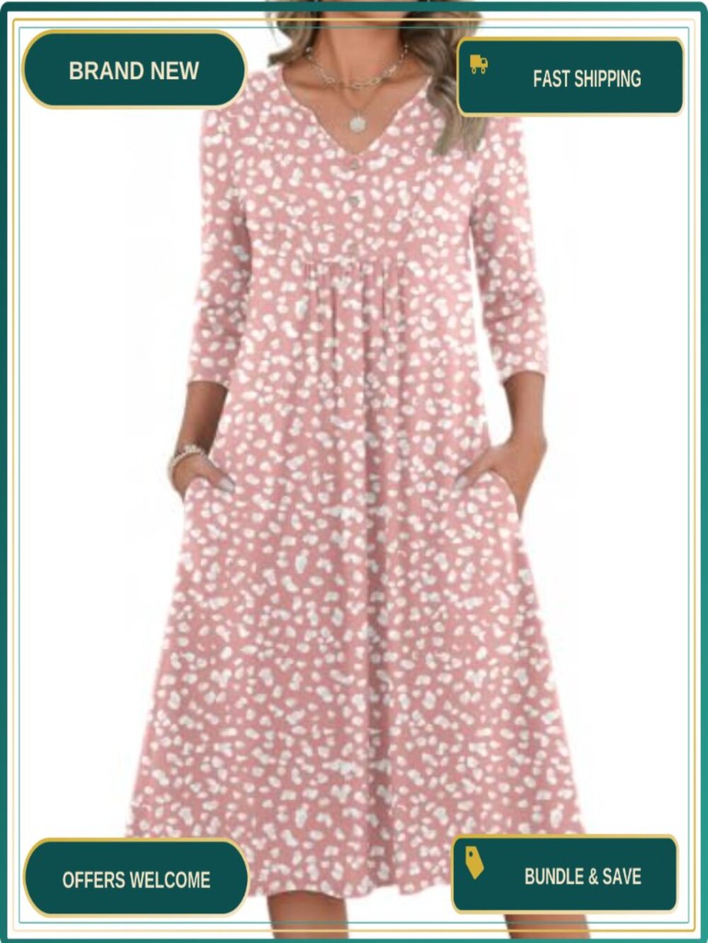 Women's 3/4 Sleeve A-Line Midi Dress with Pockets